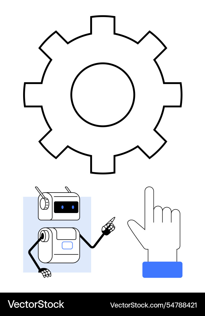 Robot pointing at a gear icon with hand cursor Robot pointing at a gear icon with hand cursor vector image