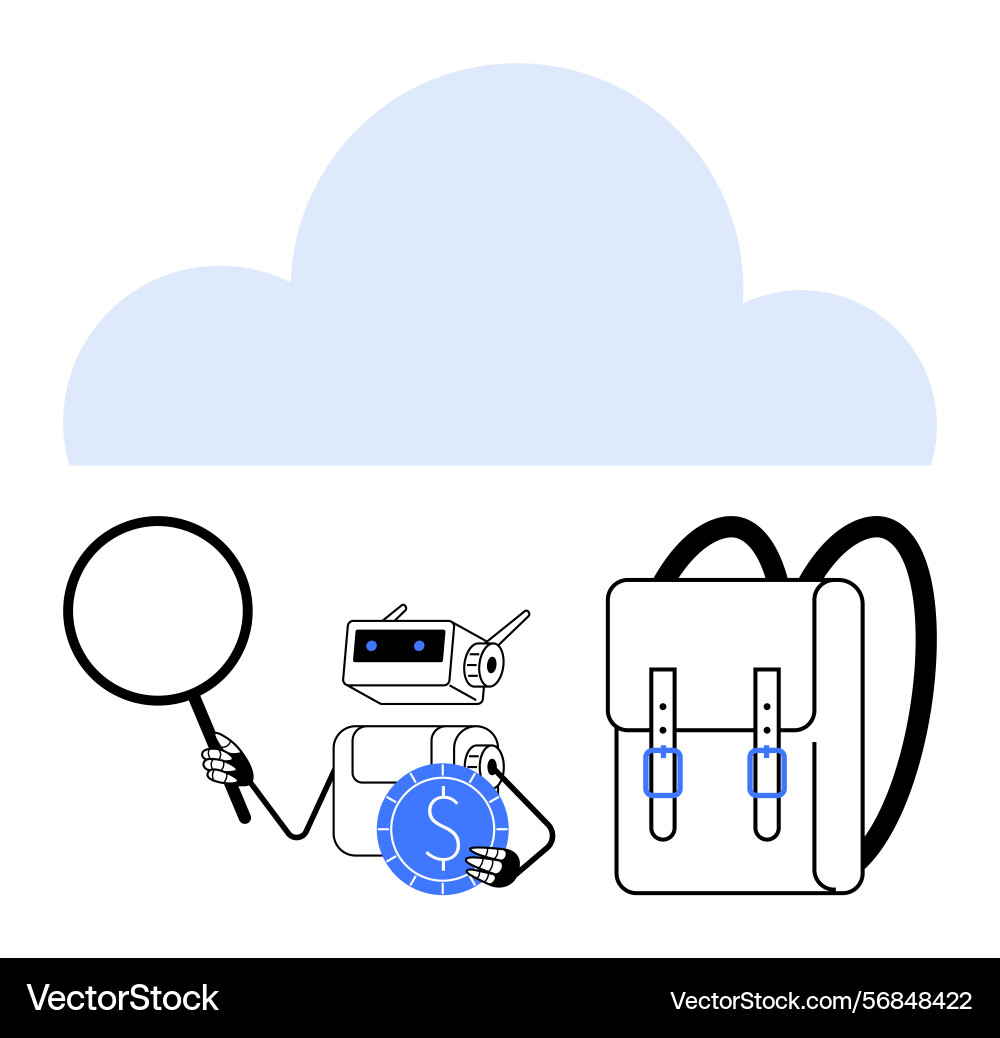 Robot with magnifying glass and backpack exploring Vector Image