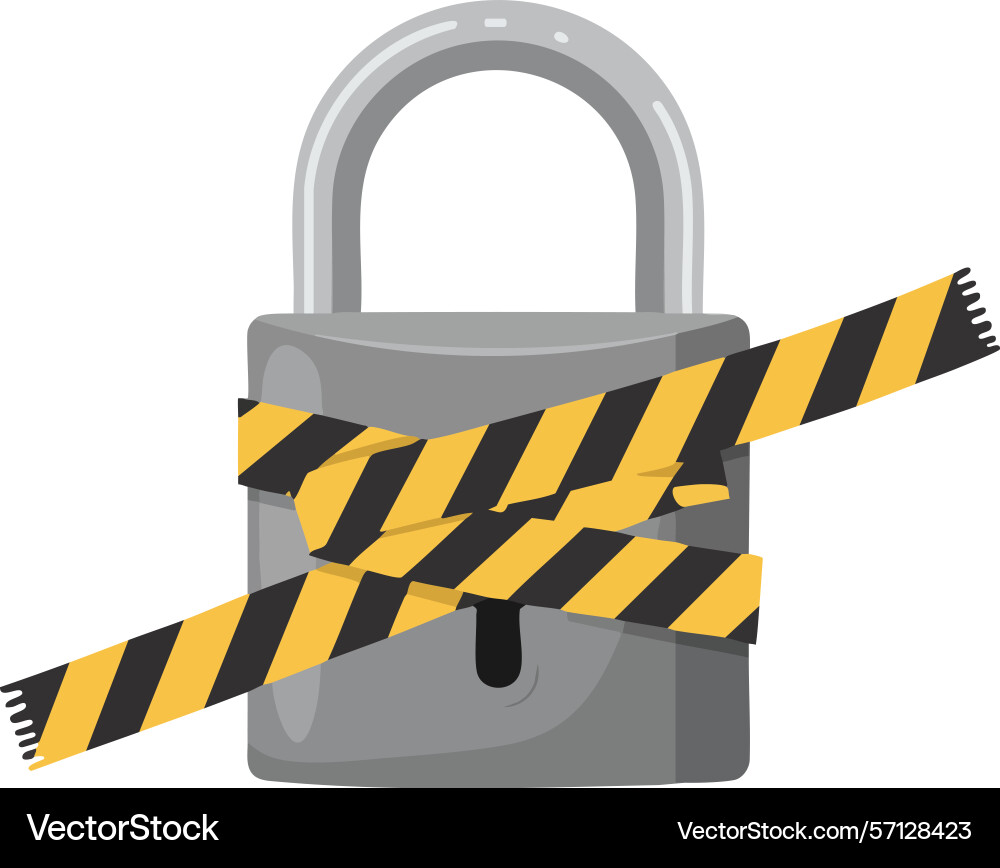 Padlock with caution tape restriction symbolizing vector image
