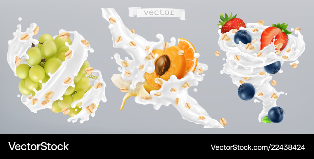 gerollte Haferfrüchte und Milchspritzer 3d realistisch Gerollte Haferfrüchte und Milchspritzer 3d realistisch vektorbild