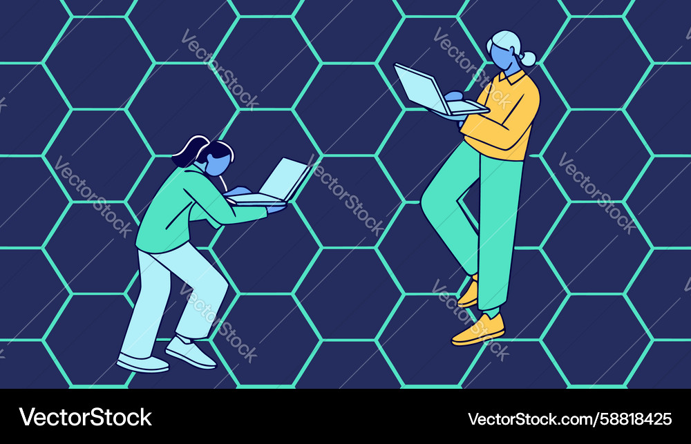 Mobile worker on digital hexagonal network path Vector Image