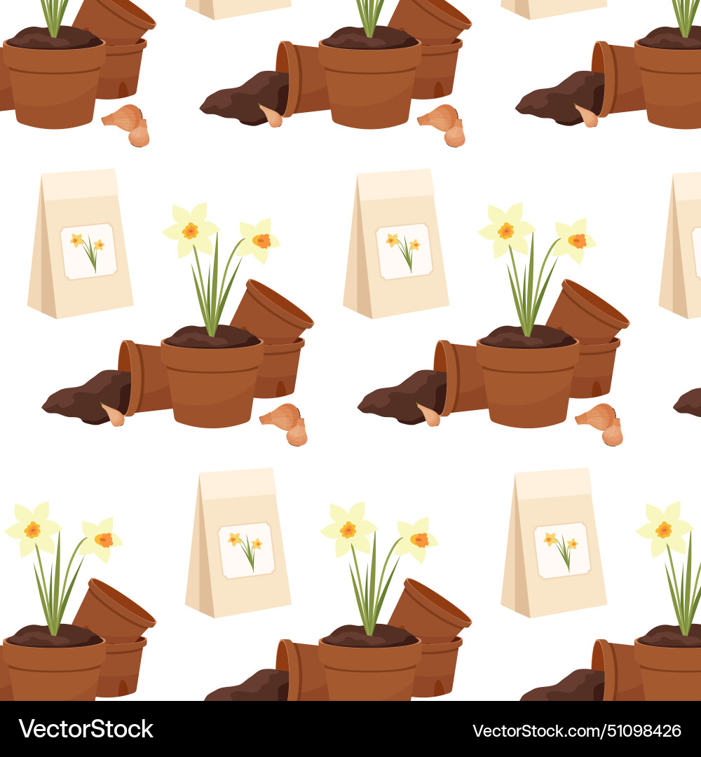 Pattern with daffodils in pots and packets of seed Vector Image