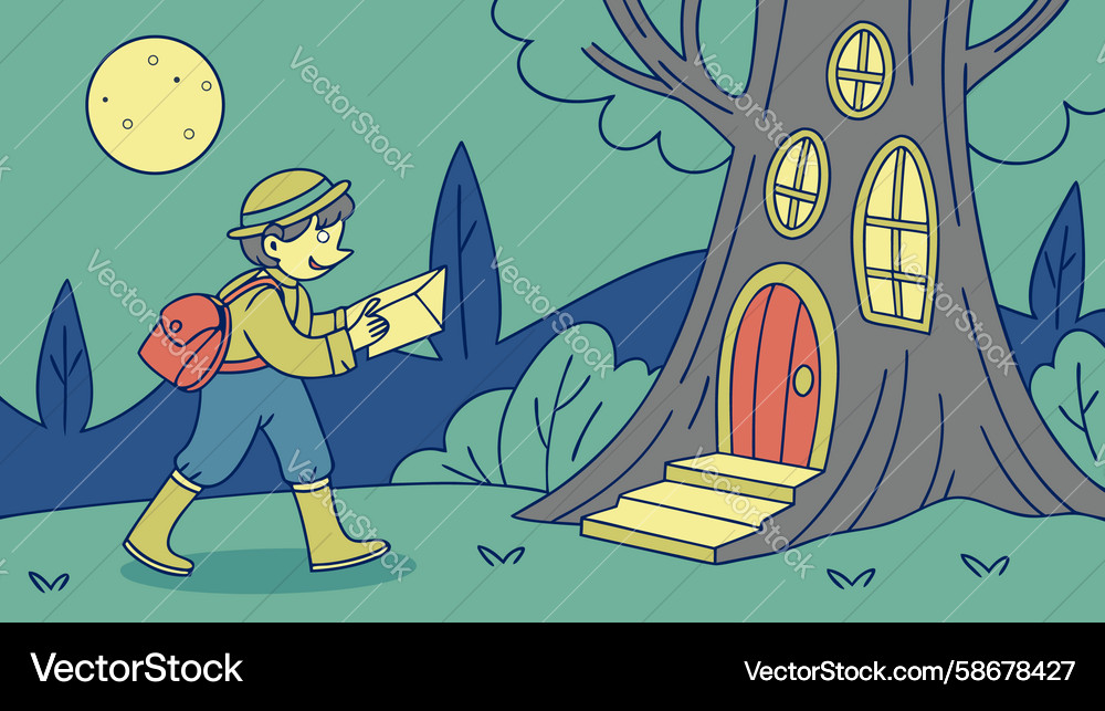 Whimsical Mail Carrier's Treehouse Journey Vector Image
