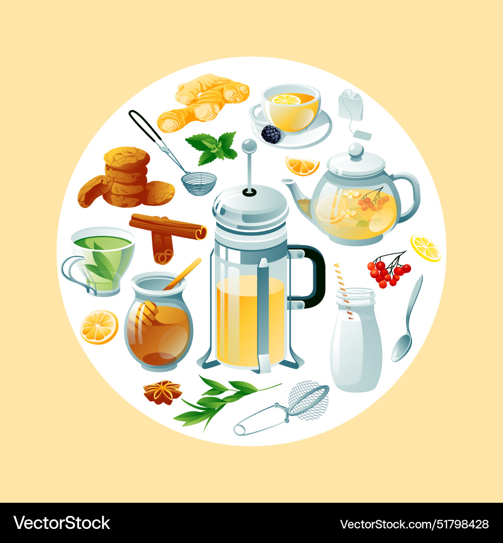 A set of tea items square and round composition Vector Image