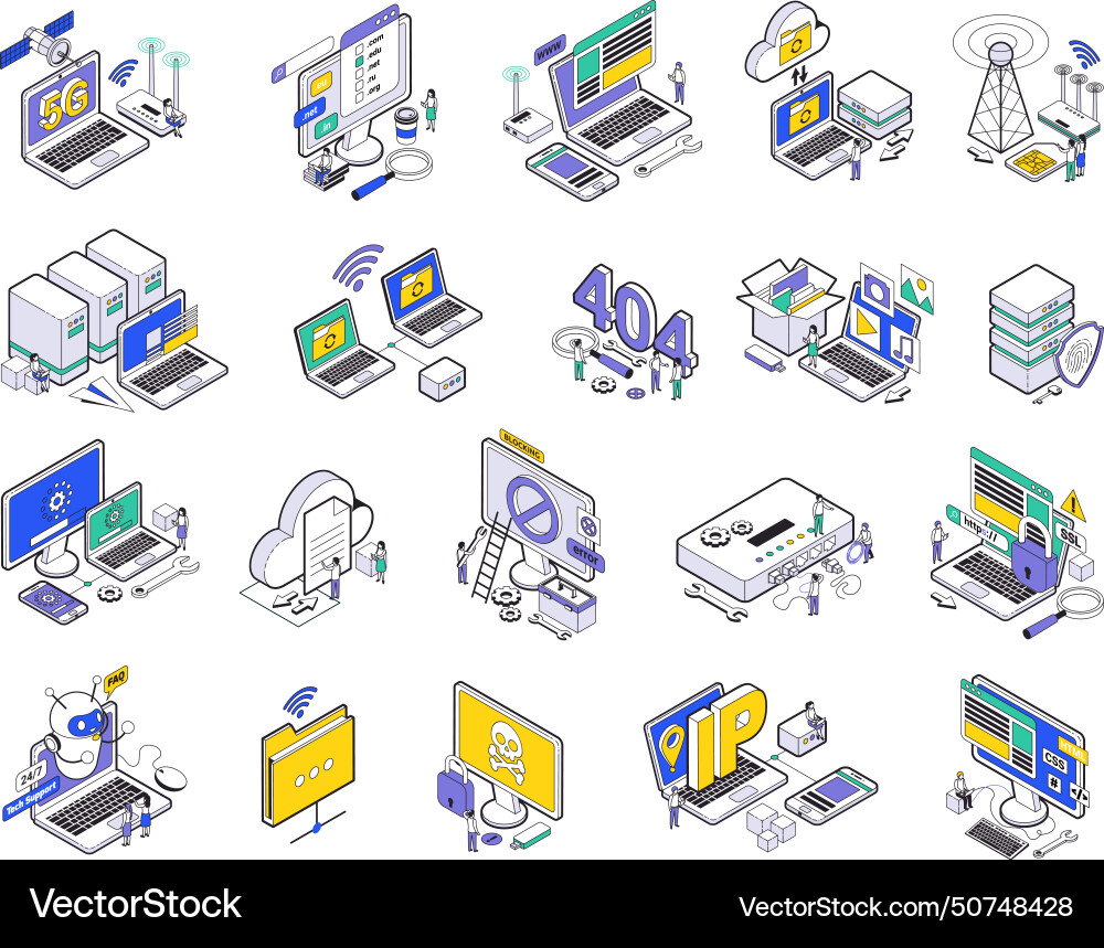 Isometric web hosting icon set Isometric web hosting icon set vector image