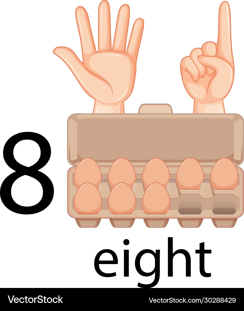 Counting number eight with hand gesture and eggs Counting number eight with hand gesture and eggs Vector Image