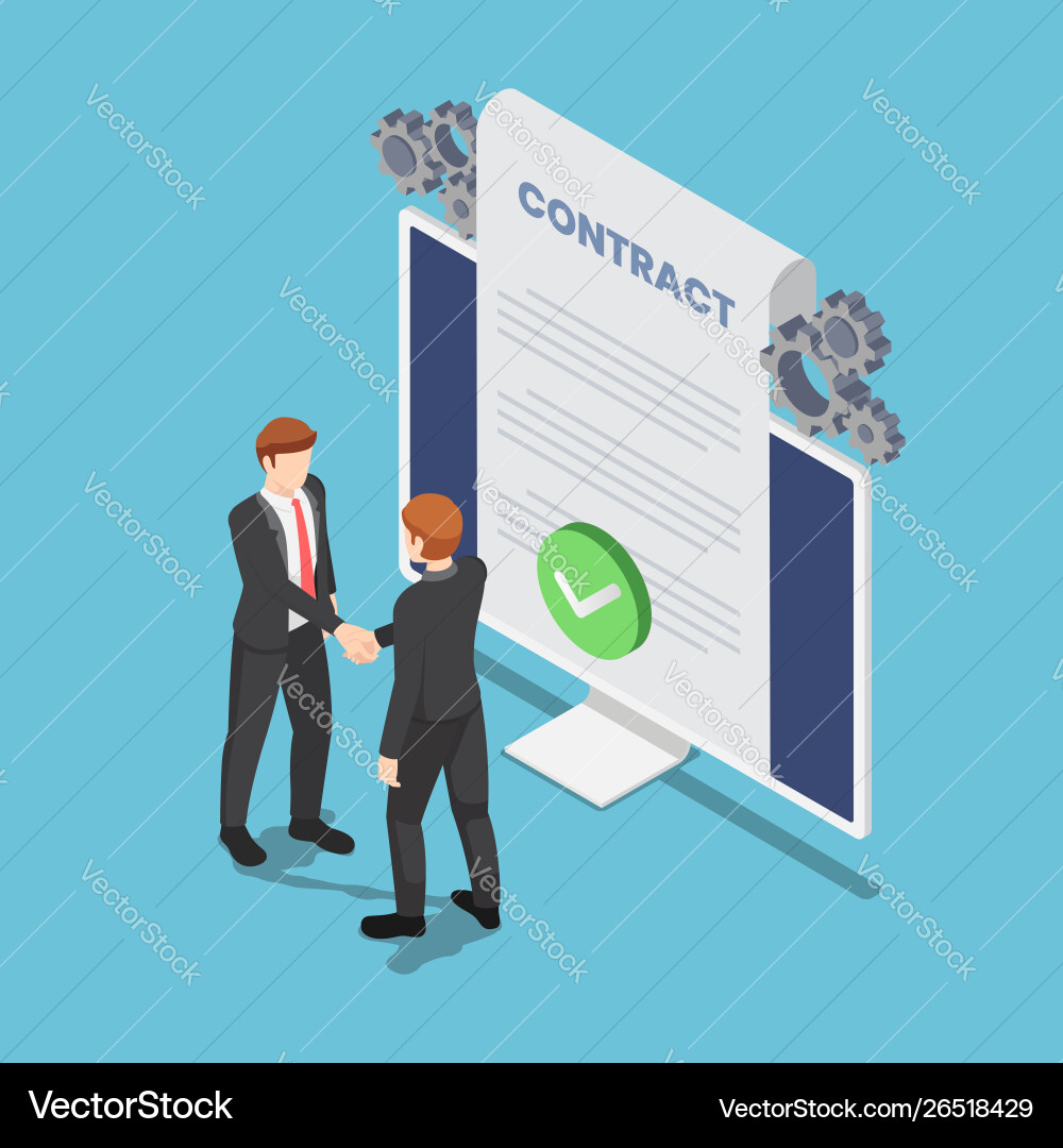 Isometric businessmen shaking hand with online Isometric businessmen shaking hand with online vector image