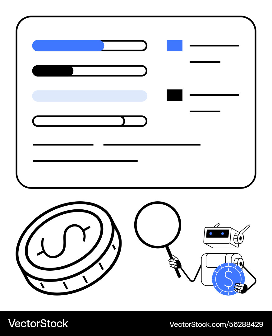Robot analyzing financial data with magnifier next Robot analyzing financial data with magnifier next vector image