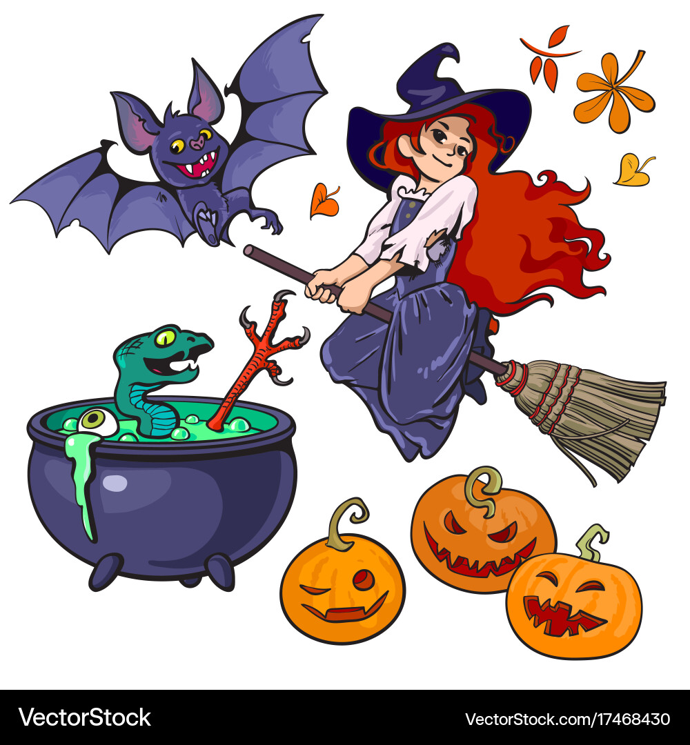 Cartoon halloweens set characters and objects vector image