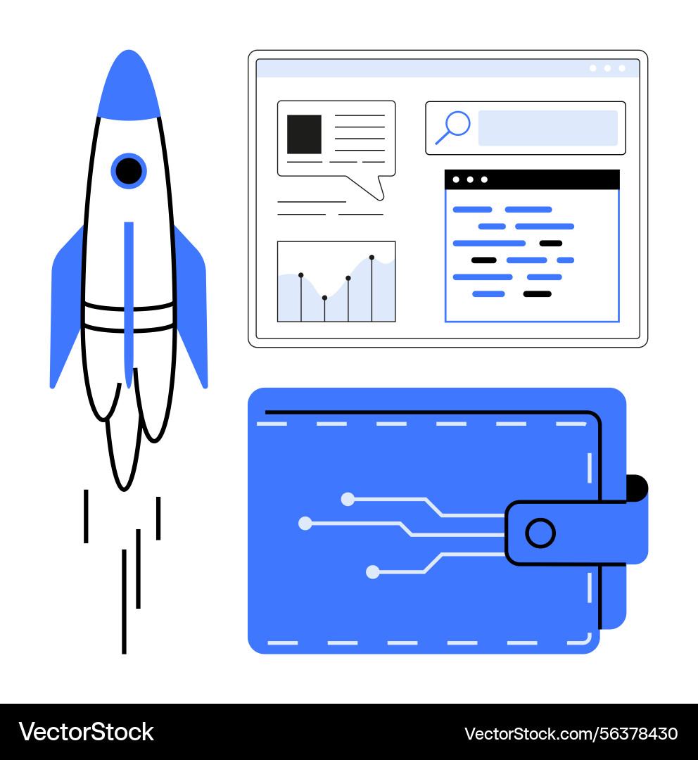 Rocket launch digital wallet and analytics Rocket launch digital wallet and analytics vector image
