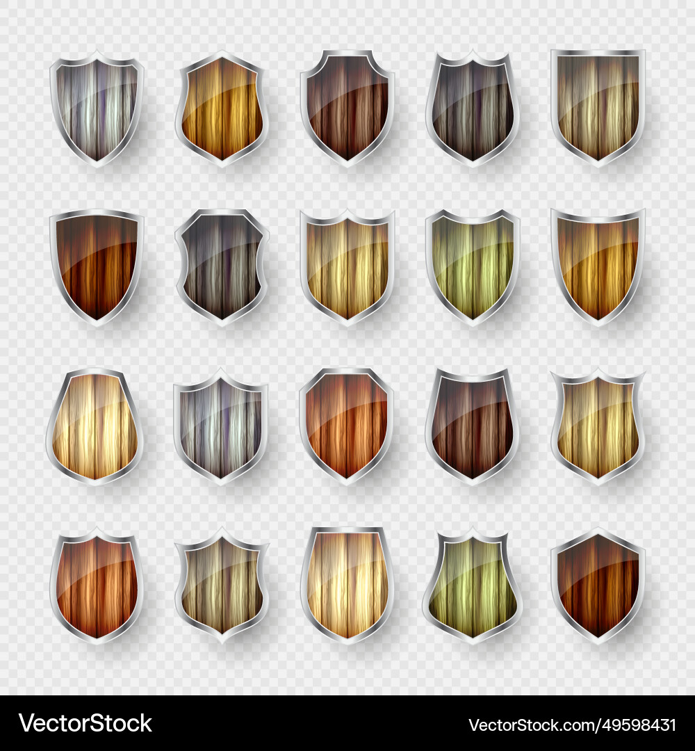 Set of wooden vintage shield icons black heraldic Set of wooden vintage shield icons black heraldic vector image