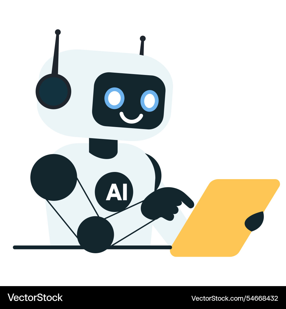 Smiling robot chat with tablet on isolated white Smiling robot chat with tablet on isolated white vector image