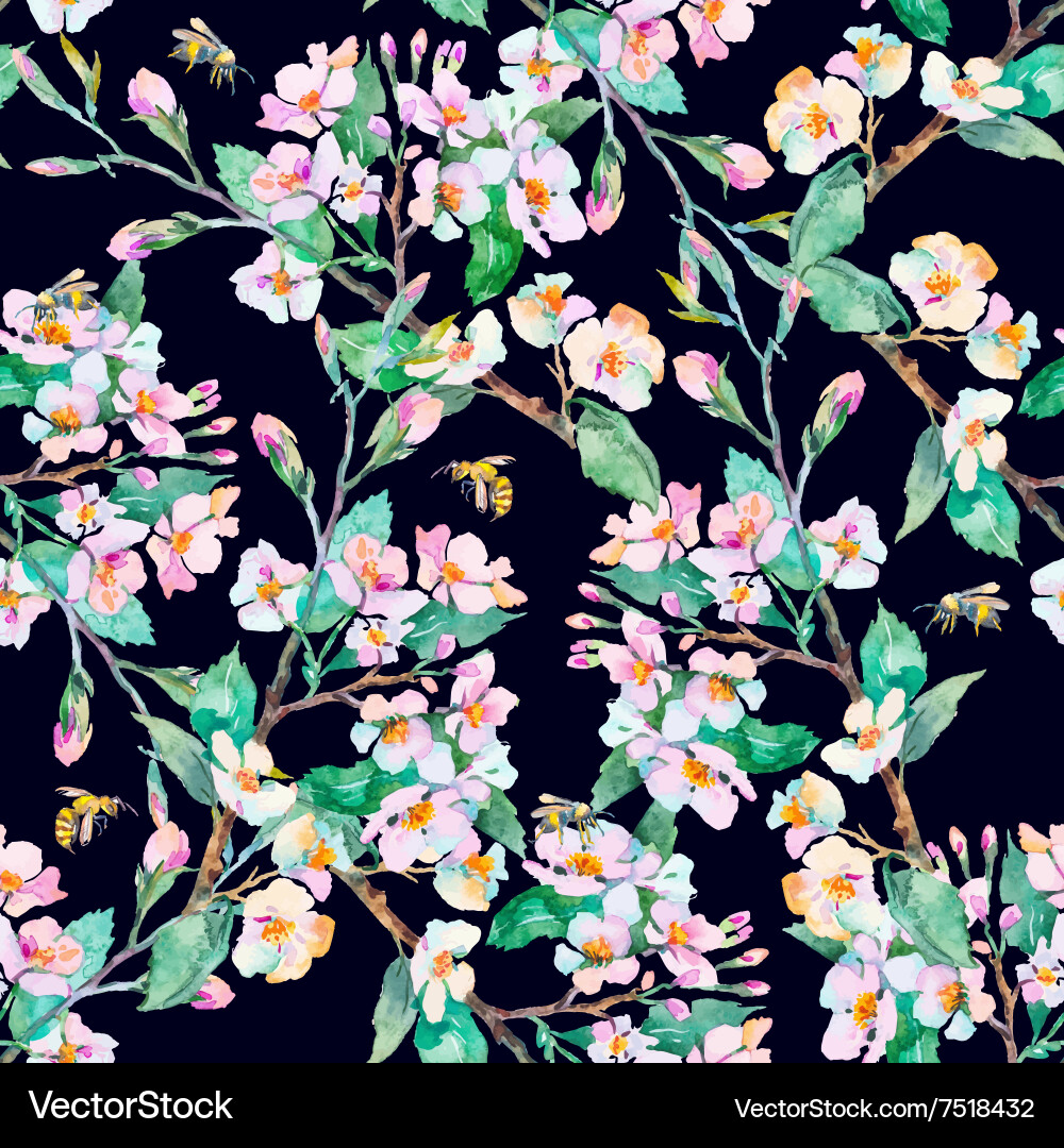 Spring patternflowering branches and bees Vector Image