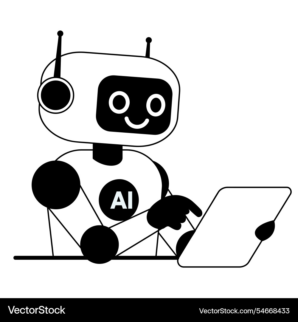 Line smiling robot chat with tablet vector image