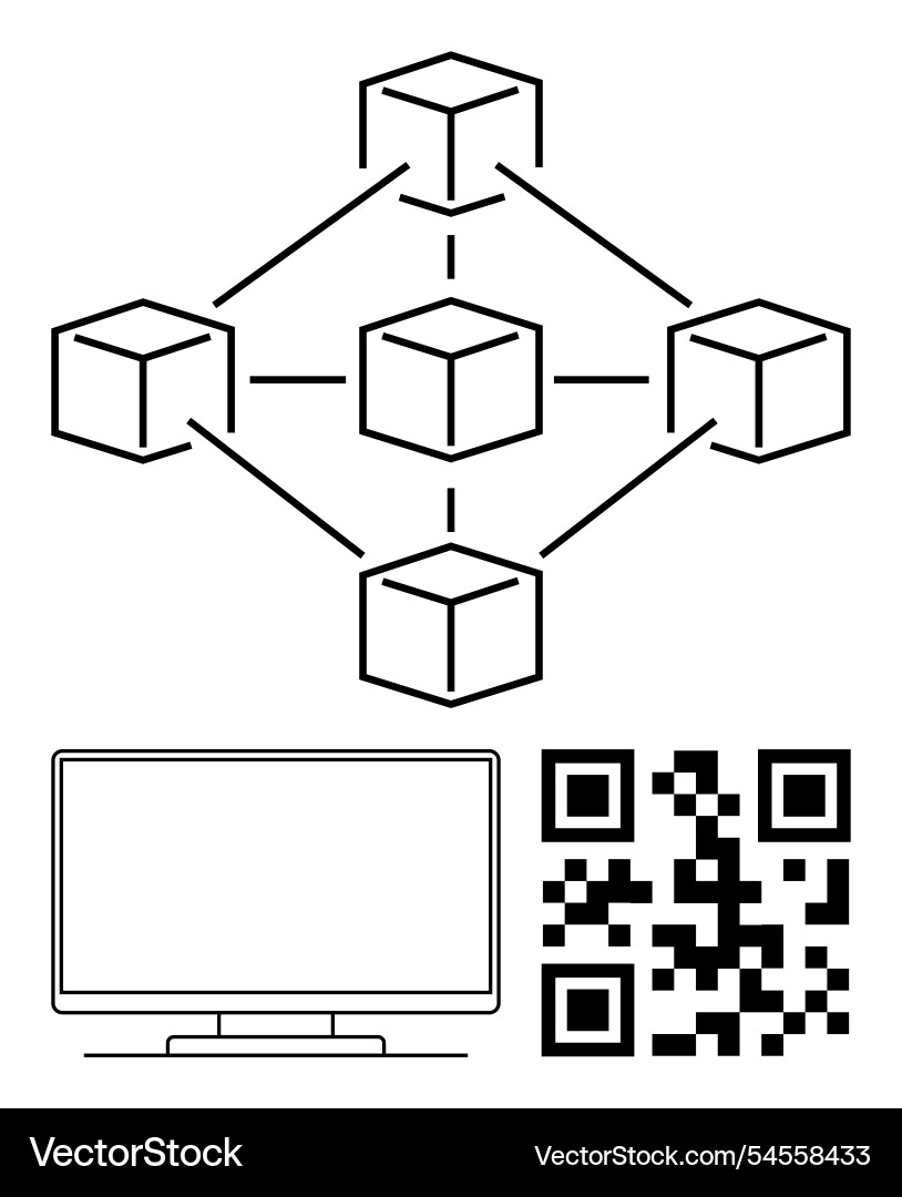Networked blocks diagram with monitor and qr code vector image