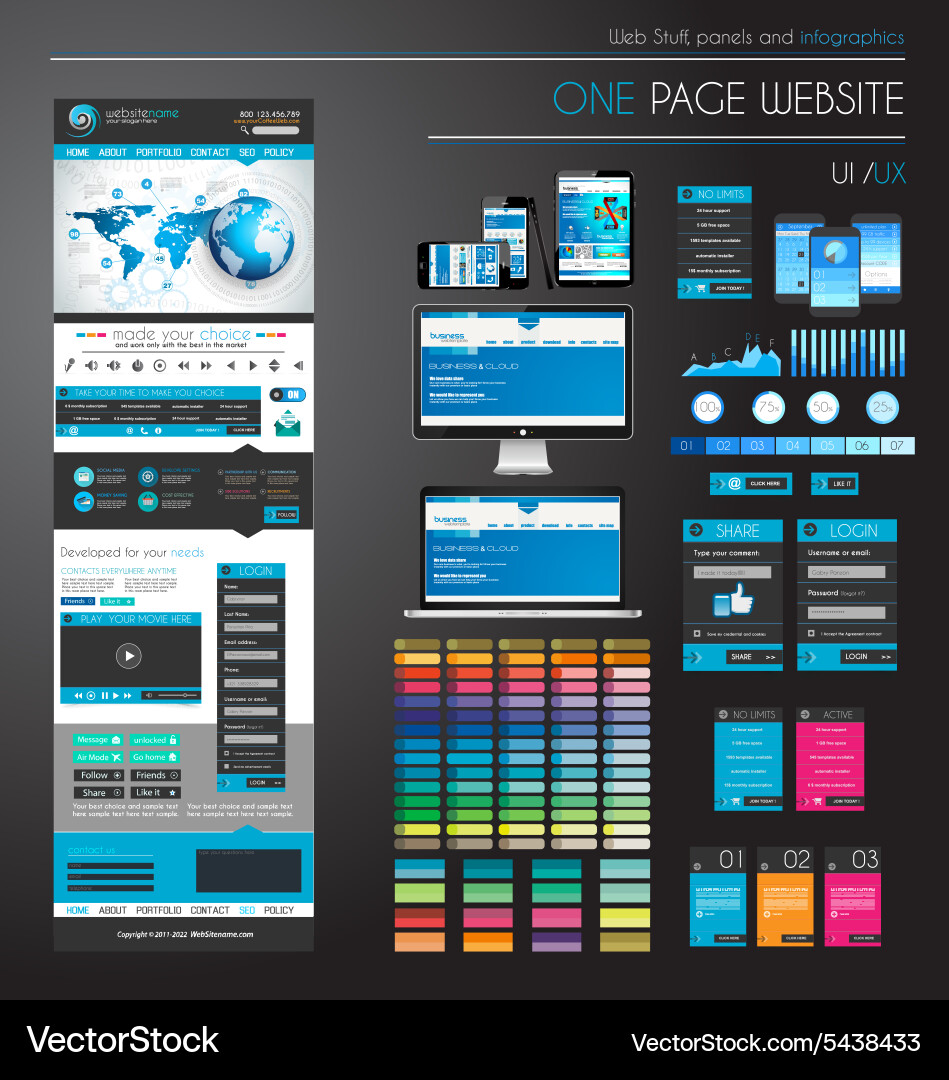 One Page Website Template - Flat UI UX vector image