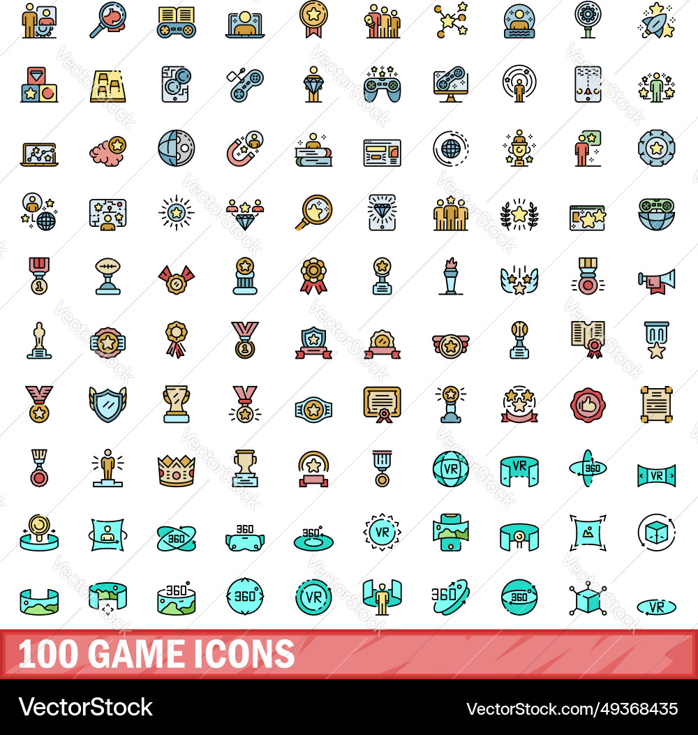 100 game icons set color line style vector image