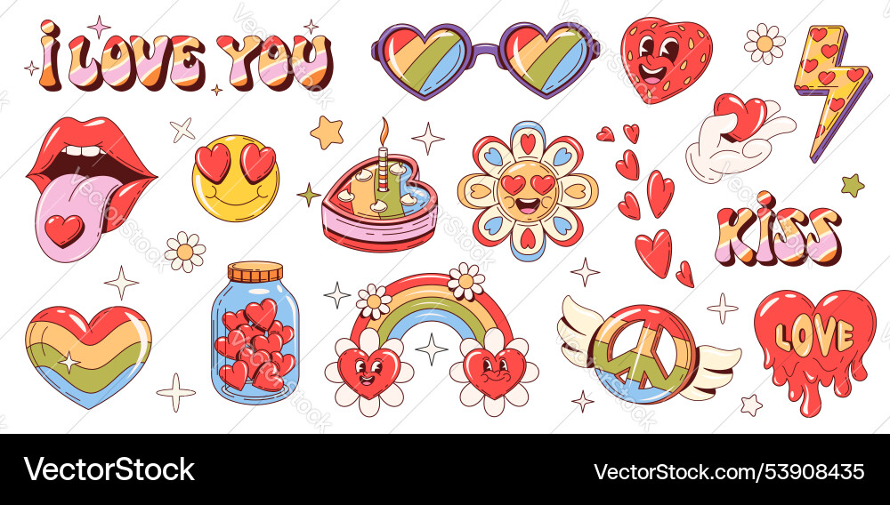 Retro y2k groovy love symbols and hippie stickers Retro y2k groovy love symbols and hippie stickers vector image