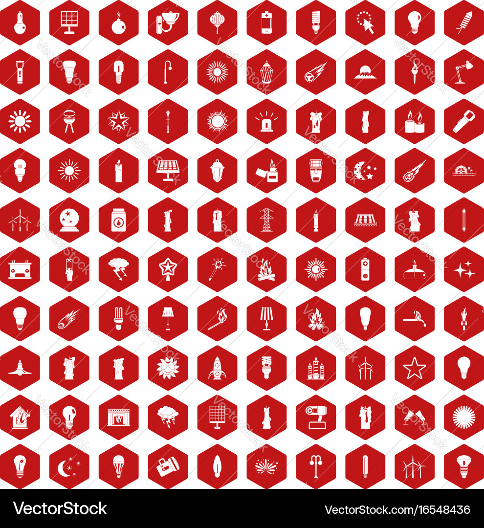100 light source icons hexagon red Vector Image