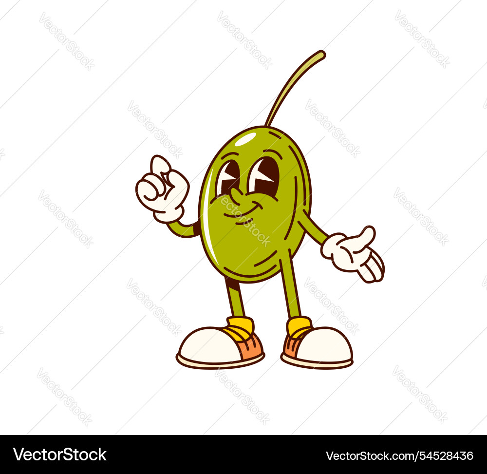 Groovy olive vegetable character in retro cartoon Groovy olive vegetable character in retro cartoon vector image