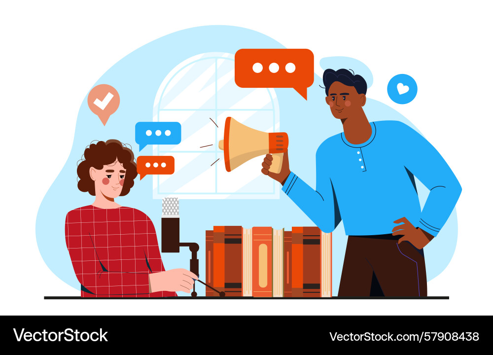 Podcast interview scene with dialogue bubbles Podcast interview scene with dialogue bubbles Vector Image