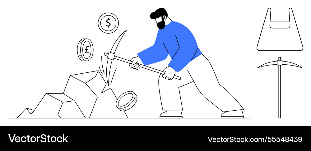 Man mining cryptocurrency with pickaxe while coins Man mining cryptocurrency with pickaxe while coins vector image