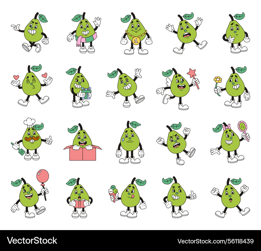 Pear character set showing different emotions Pear character set showing different emotions vector image