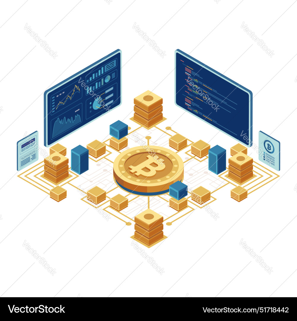 Isometric bitcoin with blockchain technology Isometric bitcoin with blockchain technology vector image