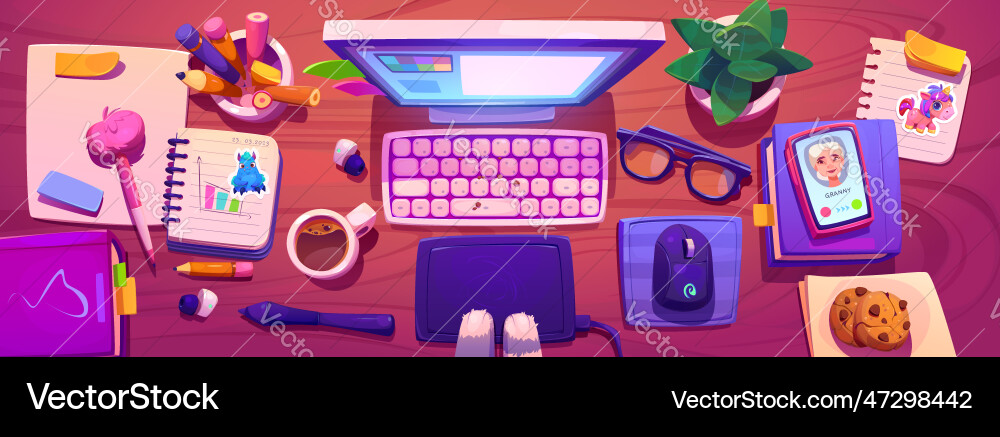 Study work desk top view with computer and mouse Study work desk top view with computer and mouse vector image