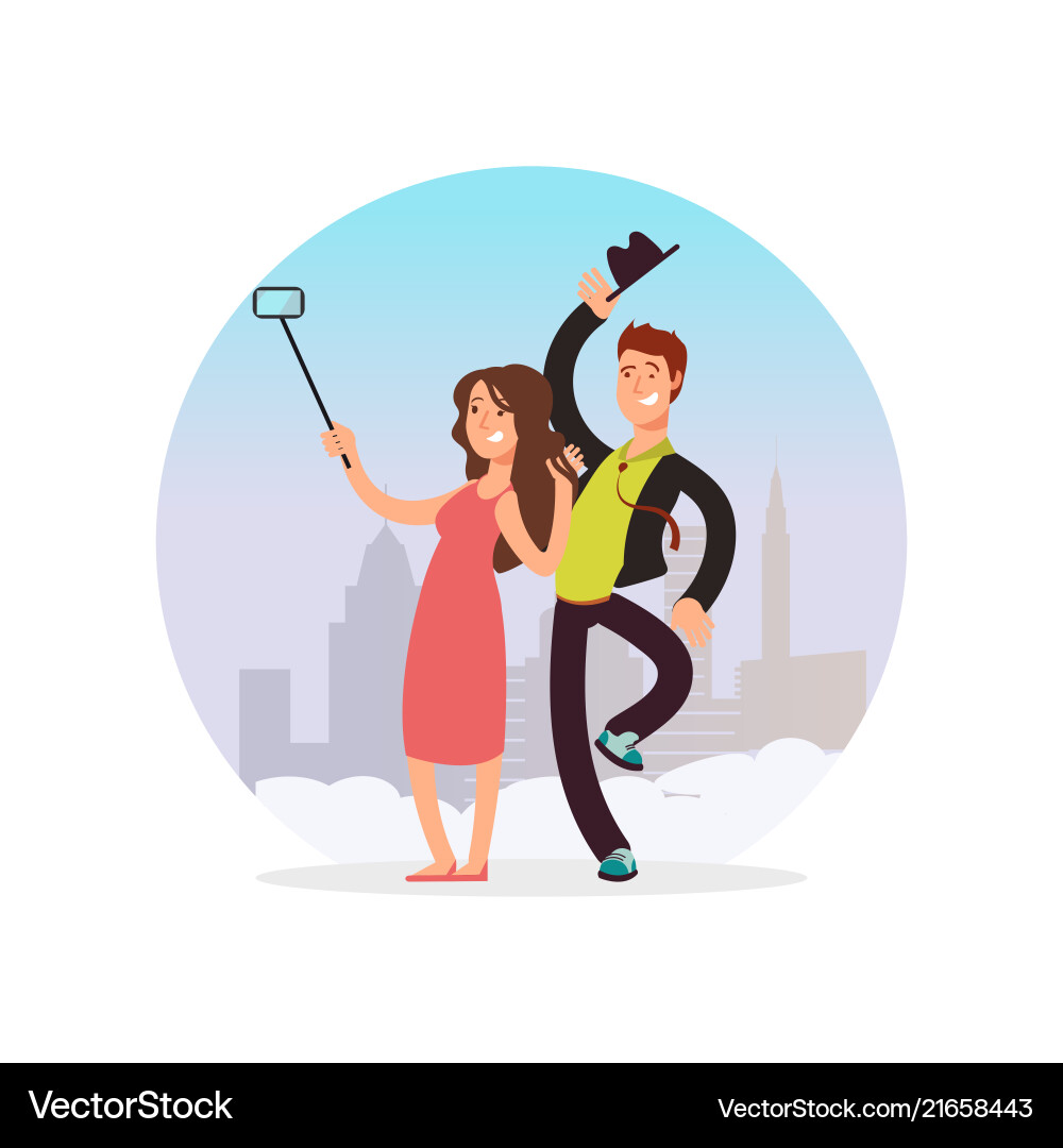 Glückliches Paar machen Selfie Cartoon Charakter Mann Glückliches Paar machen Selfie Cartoon Charakter Mann vektorbild