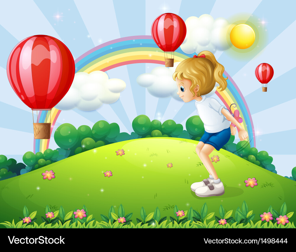 A girl playing in the hill with floating balloons Vector Image