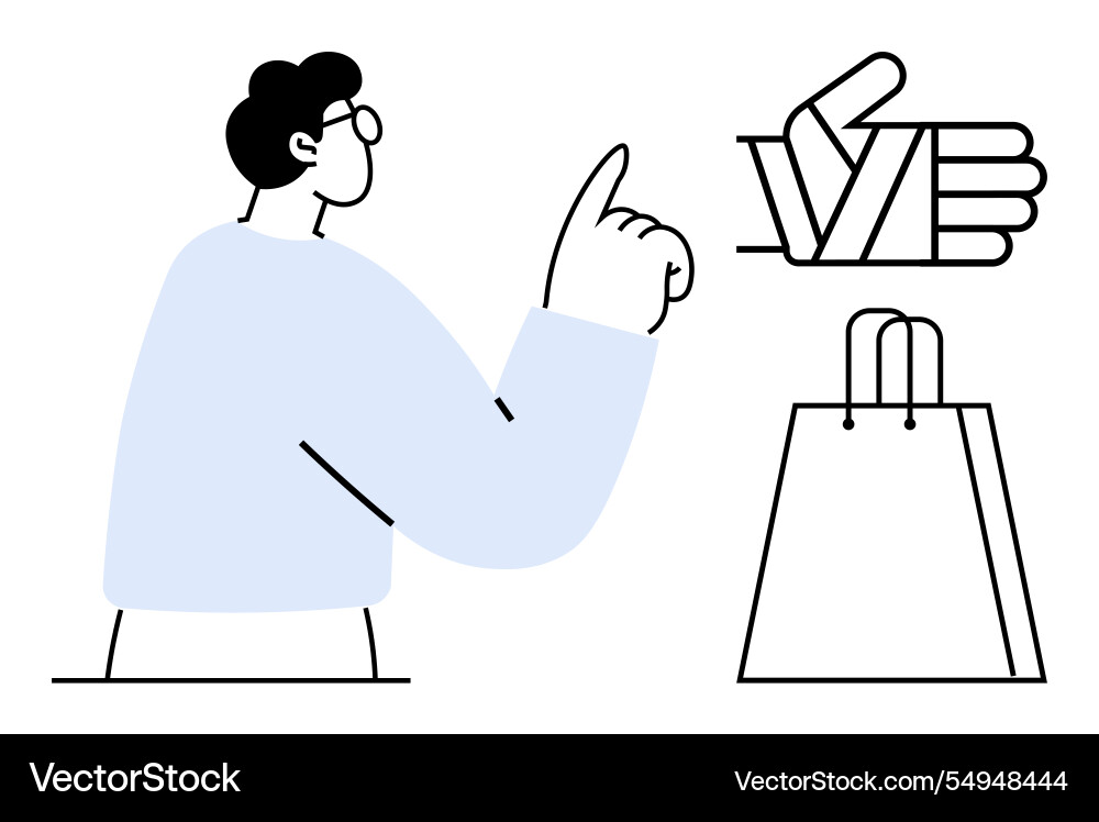 Man making a pointing gesture next to shopping Man making a pointing gesture next to shopping vector image