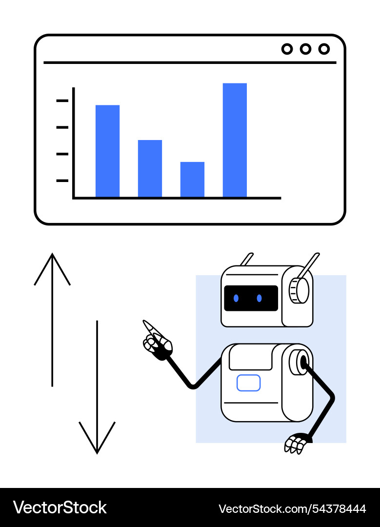 Robot analyzing data chart with arrows indicating Robot analyzing data chart with arrows indicating vector image