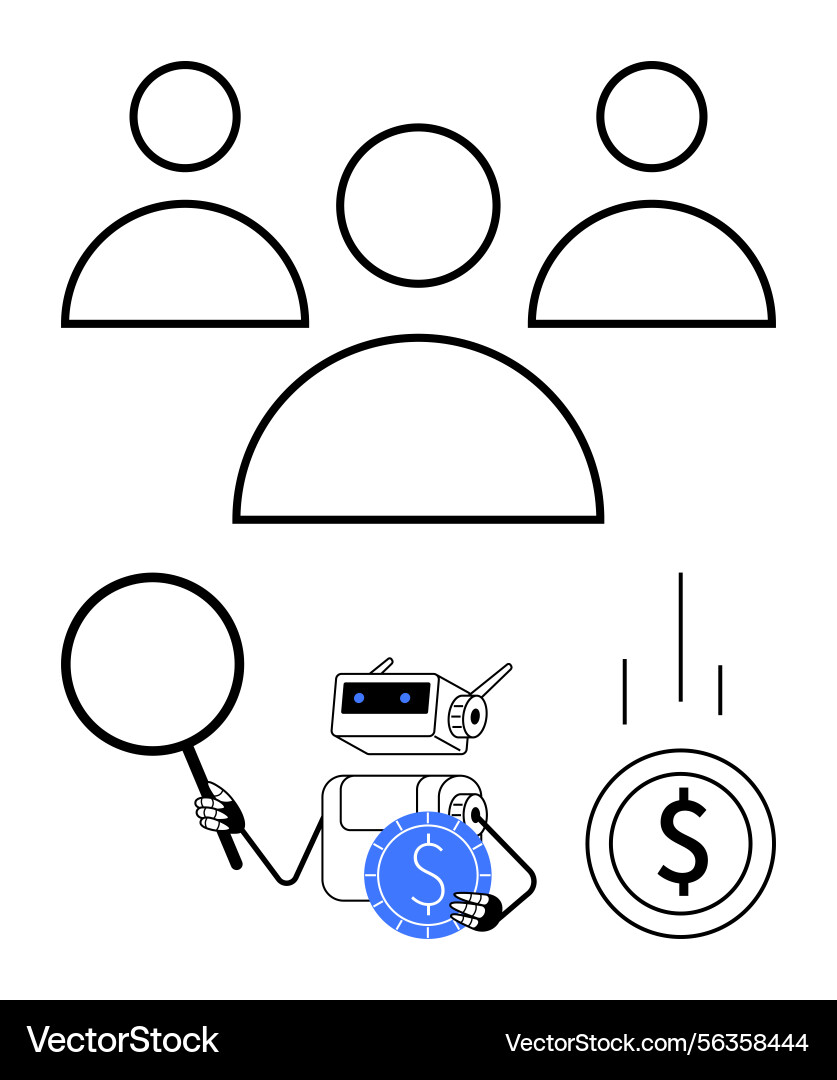 Robot analyzing financial data with a magnifying Robot analyzing financial data with a magnifying vector image