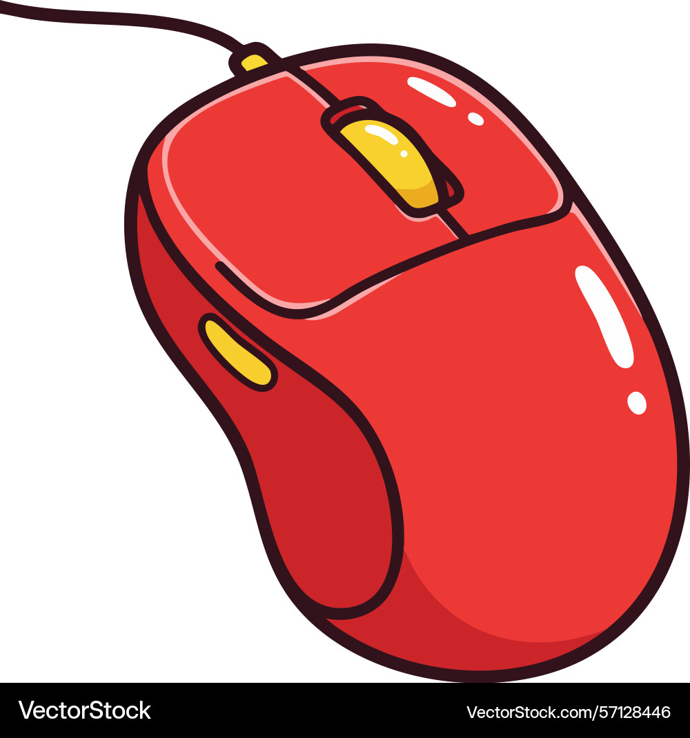 Red wired computer mouse with yellow scroll wheel vector image