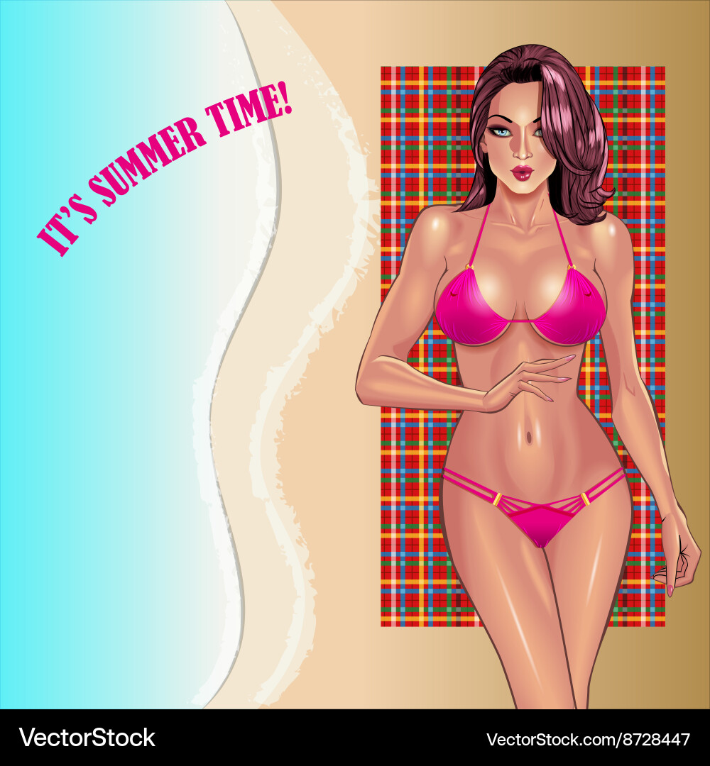Attraktive Frau in Purple Bikini am Strand vektorbild