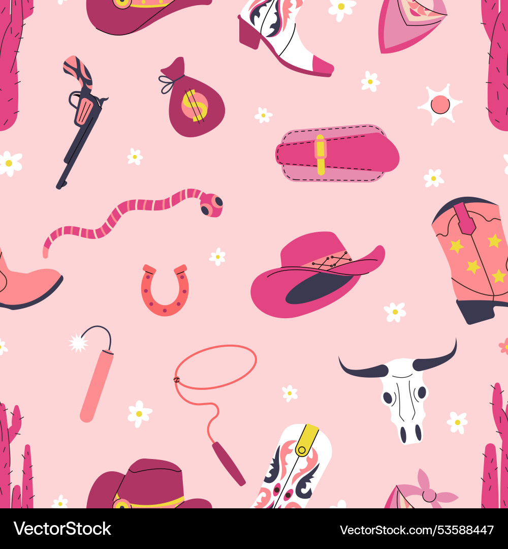 Cowgirl wild west elements seamless pattern pink Cowgirl wild west elements seamless pattern pink vector image