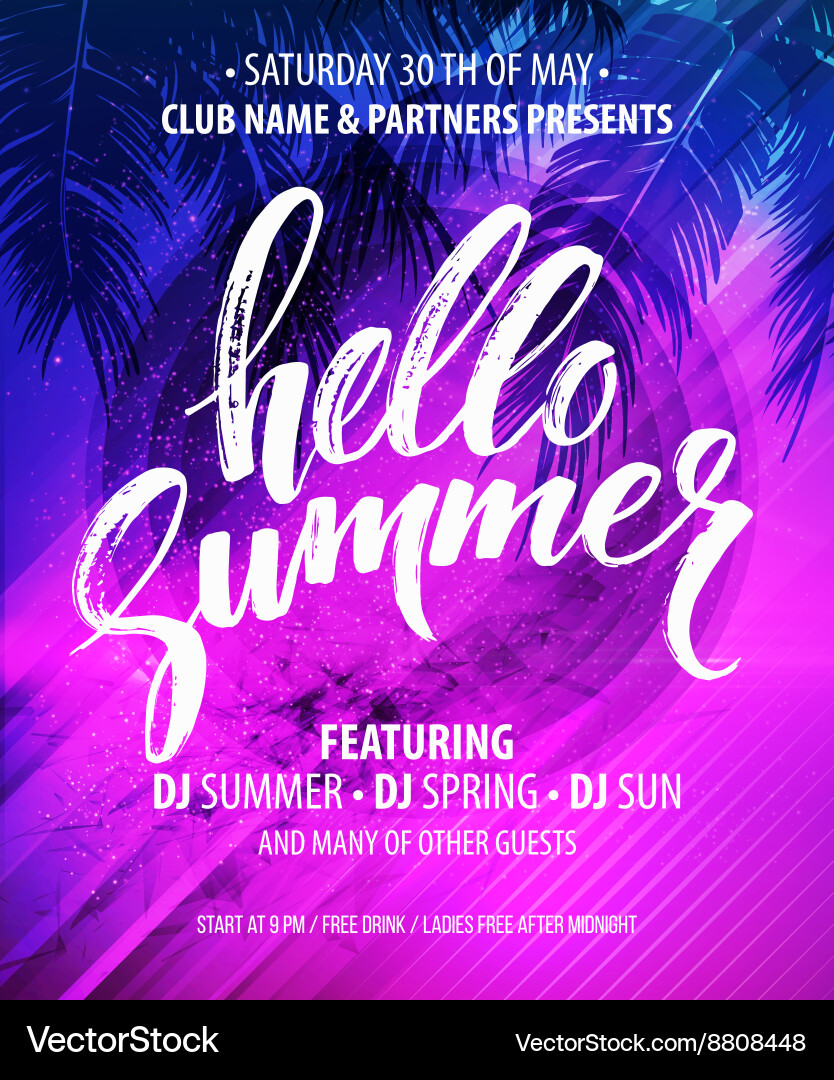 Hello summer party flyer design Royalty Free Vector Image