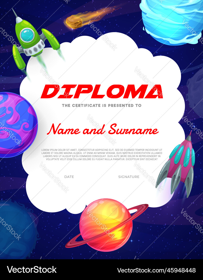 Kids astronaut diploma with cartoon galaxy planets Kids astronaut diploma with cartoon galaxy planets vector image