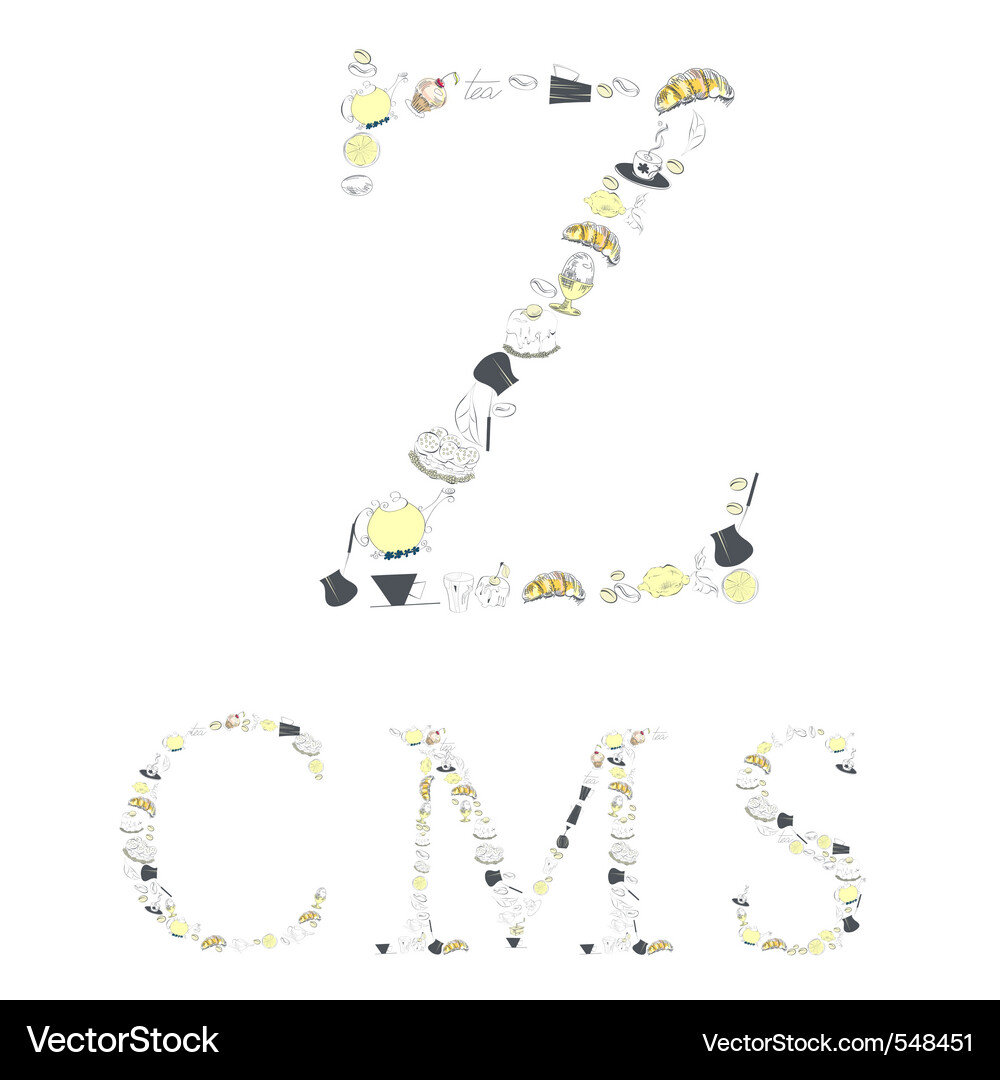 Decorative font with food element letters z c m s Vector Image