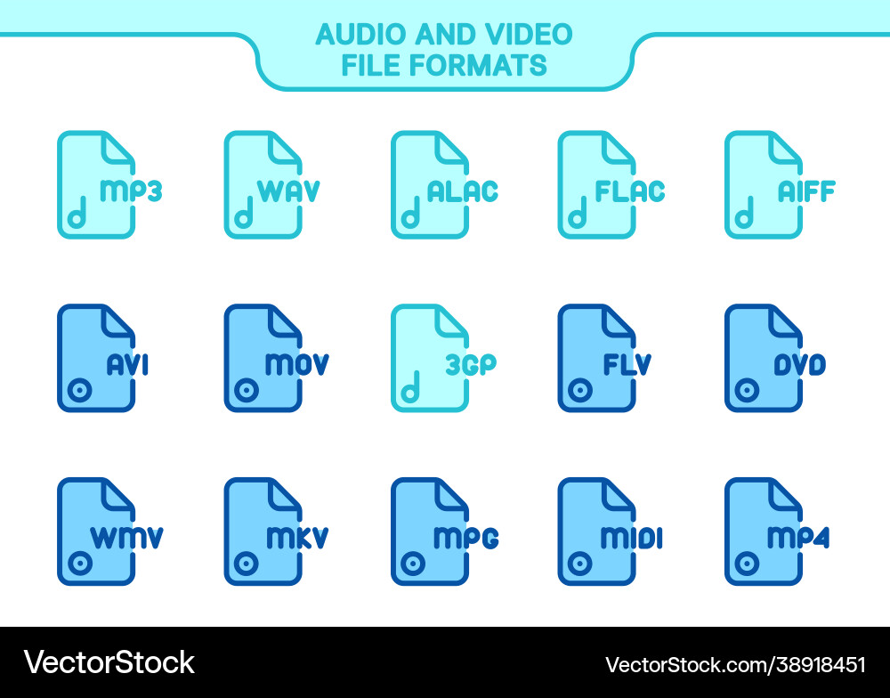 Icon set audio and video file formats line color Vector Image