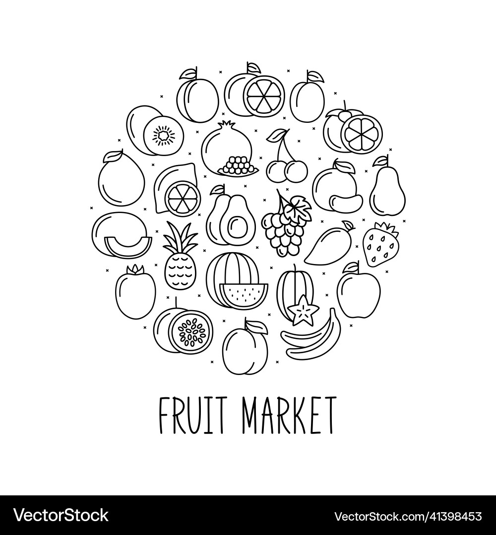 Round banner with fruits icons in linear style Round banner with fruits icons in linear style vector image