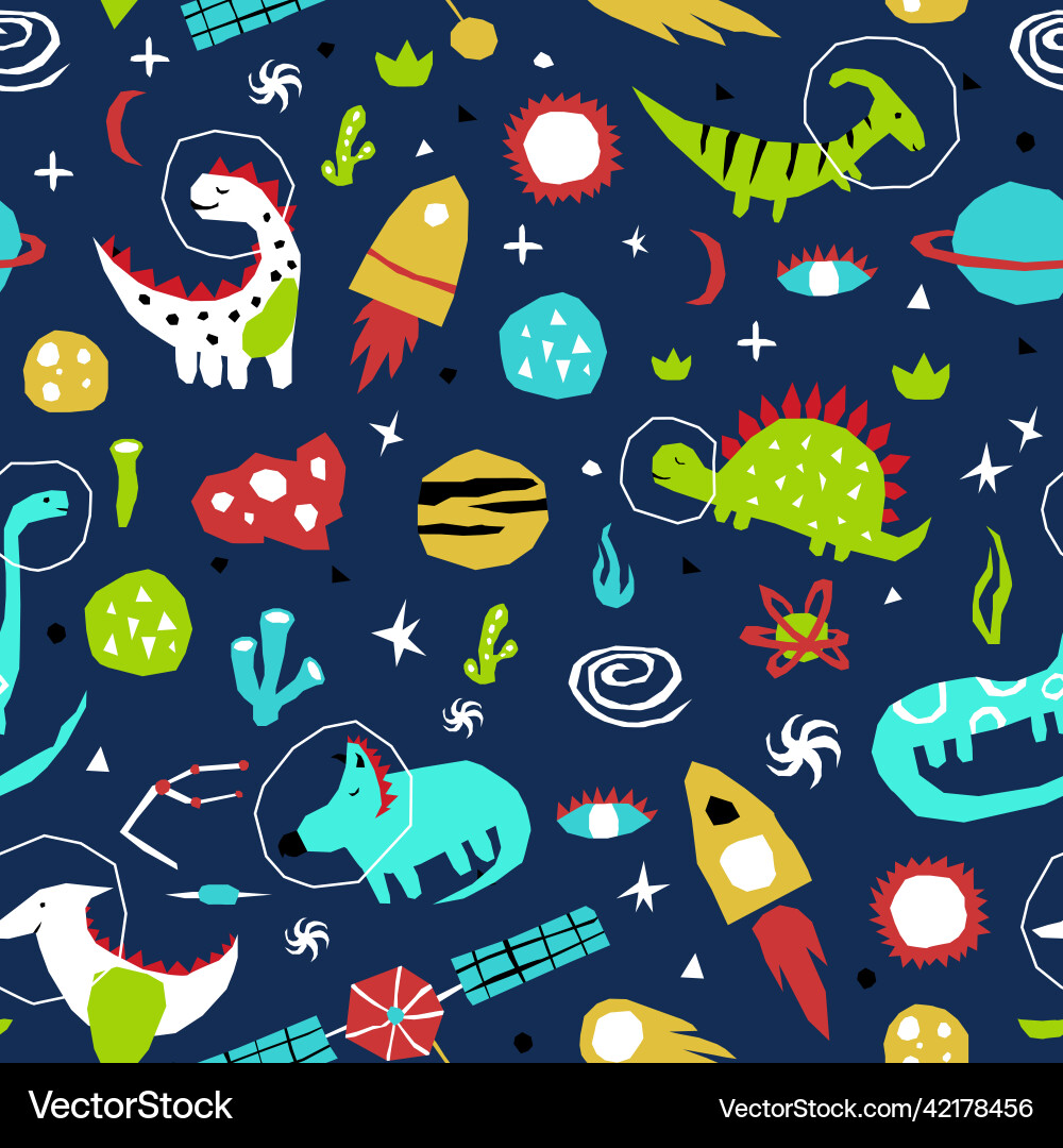 Cutout style dino in space seamless pattern Cutout style dino in space seamless pattern vector image