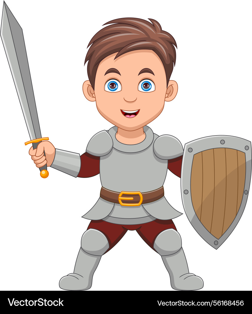 Little boy in knight costume holding sword and sh Little boy in knight costume holding sword and sh Vector Image