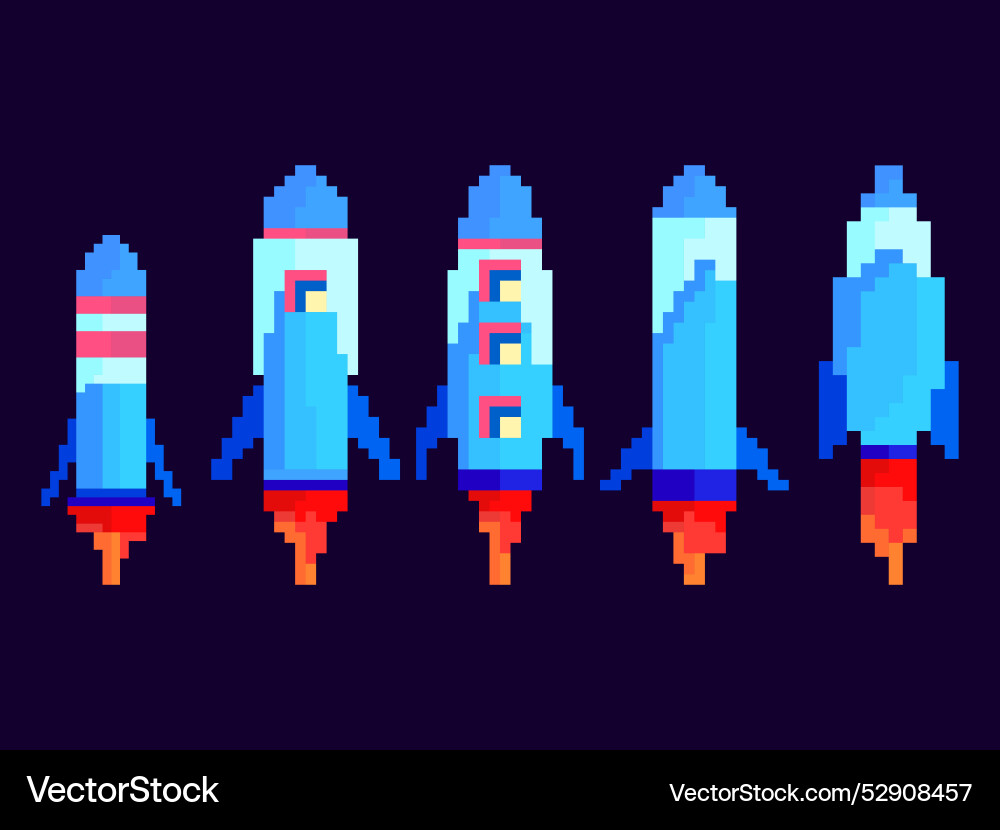 Pixel spaceships icon set space rockets in 8-bit Pixel spaceships icon set space rockets in 8-bit vector image