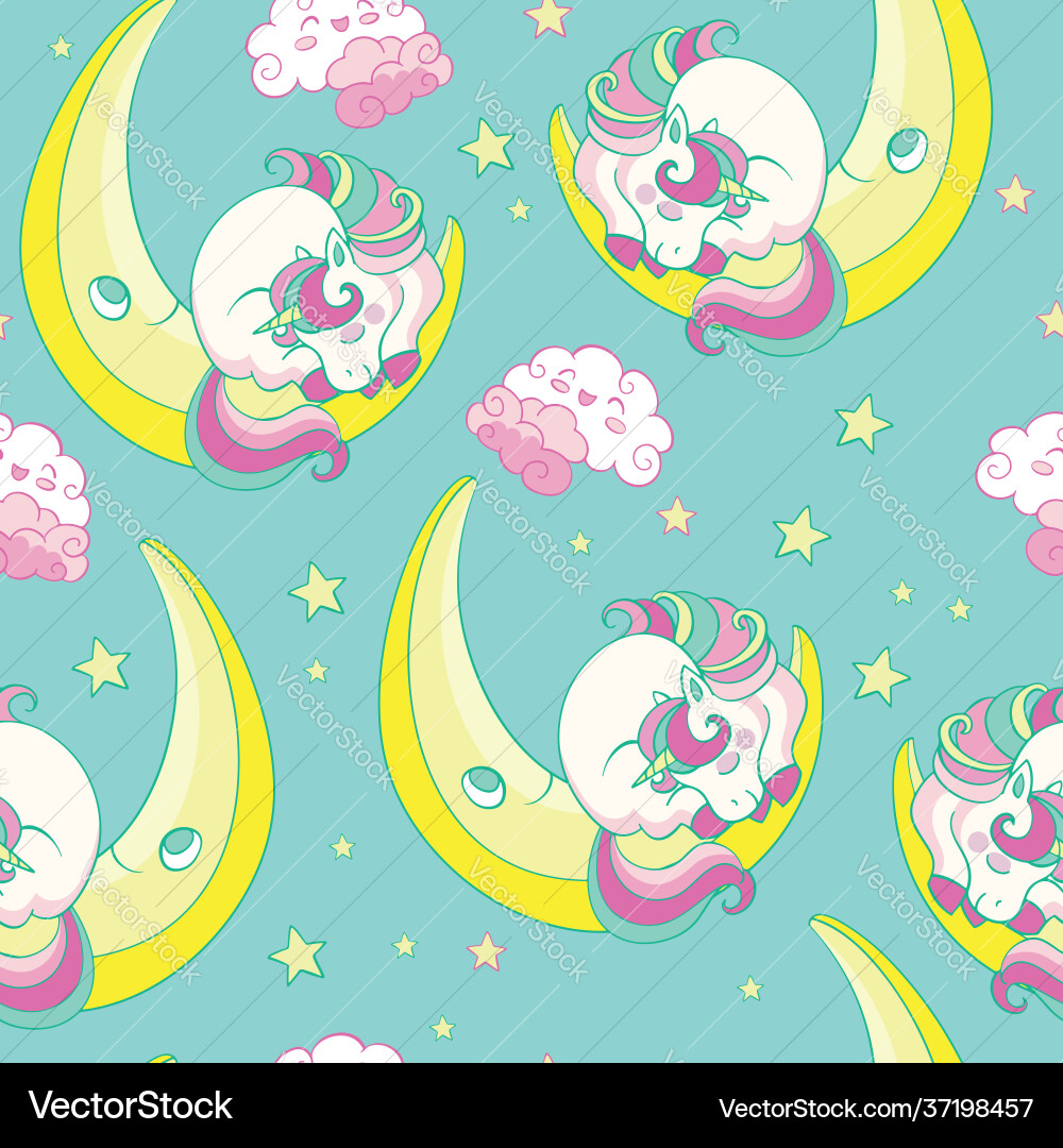 Seamless pattern with sleeping unicorn on moon Seamless pattern with sleeping unicorn on moon Vector Image