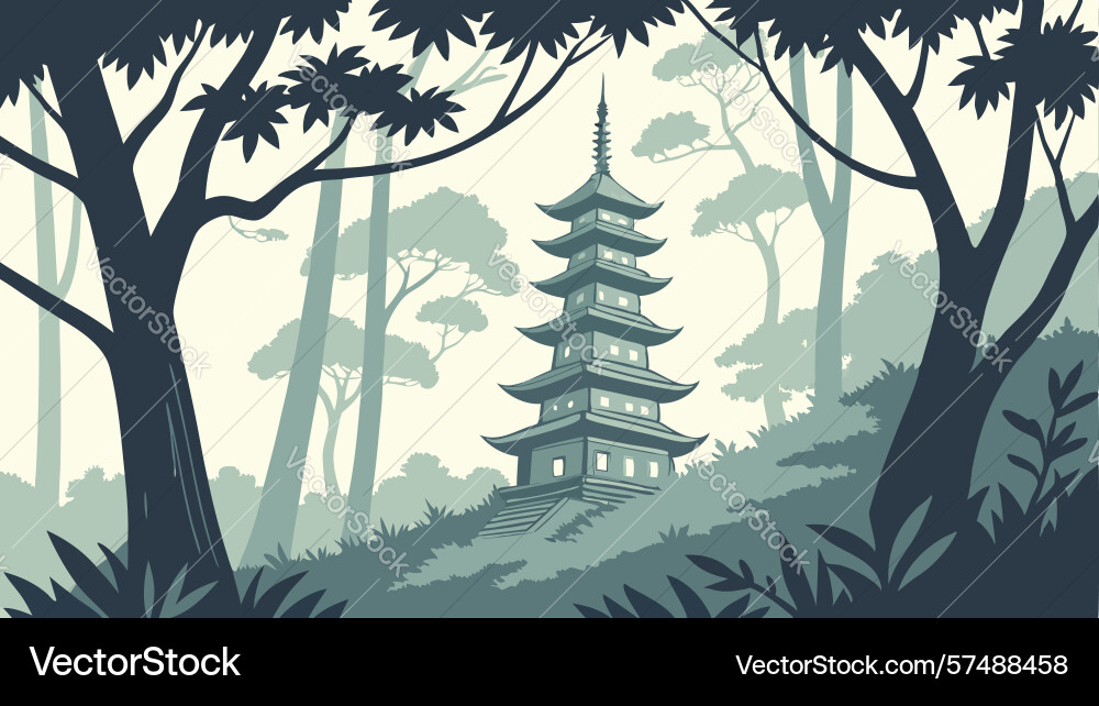 Pagoda hidden in a dense forest design generative Vector Image