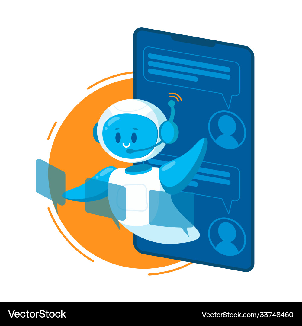 Smiling chat bot character robot helping solve Smiling chat bot character robot helping solve vector image