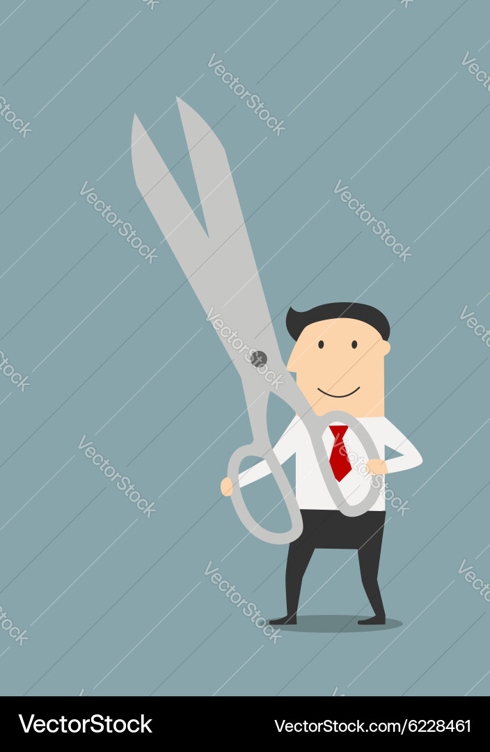 Businessman with a large pair of sharp scissors vector image