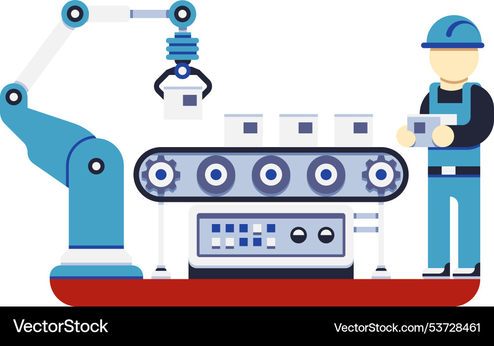 Operator and robotic arm working together Operator and robotic arm working together vector image